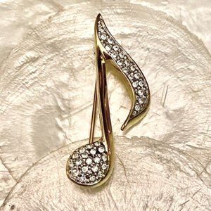 Vintage Rhinestone Gold Music Note Brooch